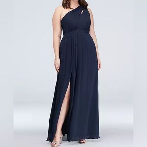 David’s Bridal Marine Blue Bridesmaids Dress Chiffon One Shoulder Size 16 NWT